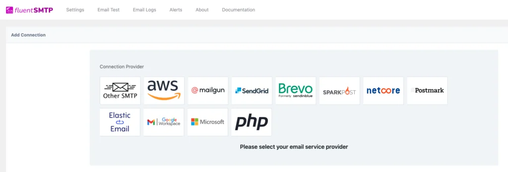Fluent SMTP settings and connection provider