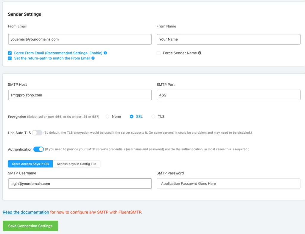 Sender settings interface for setting up SMTP with Fluent SMTP